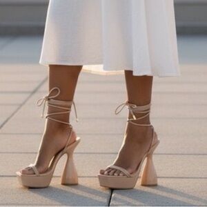 2-Bella Marie- Elegant Beige Platform round Heels, square toe, ankle tie strap